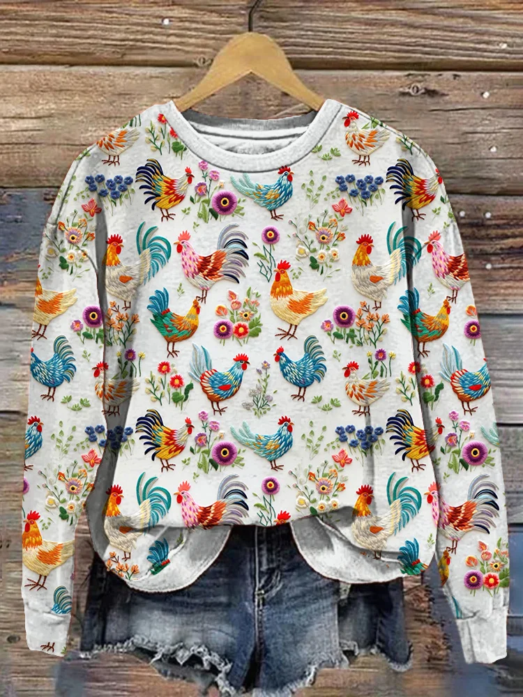 Comstylish Farm Chicken Floral Embroidery Pattern Casual Sweatshirt