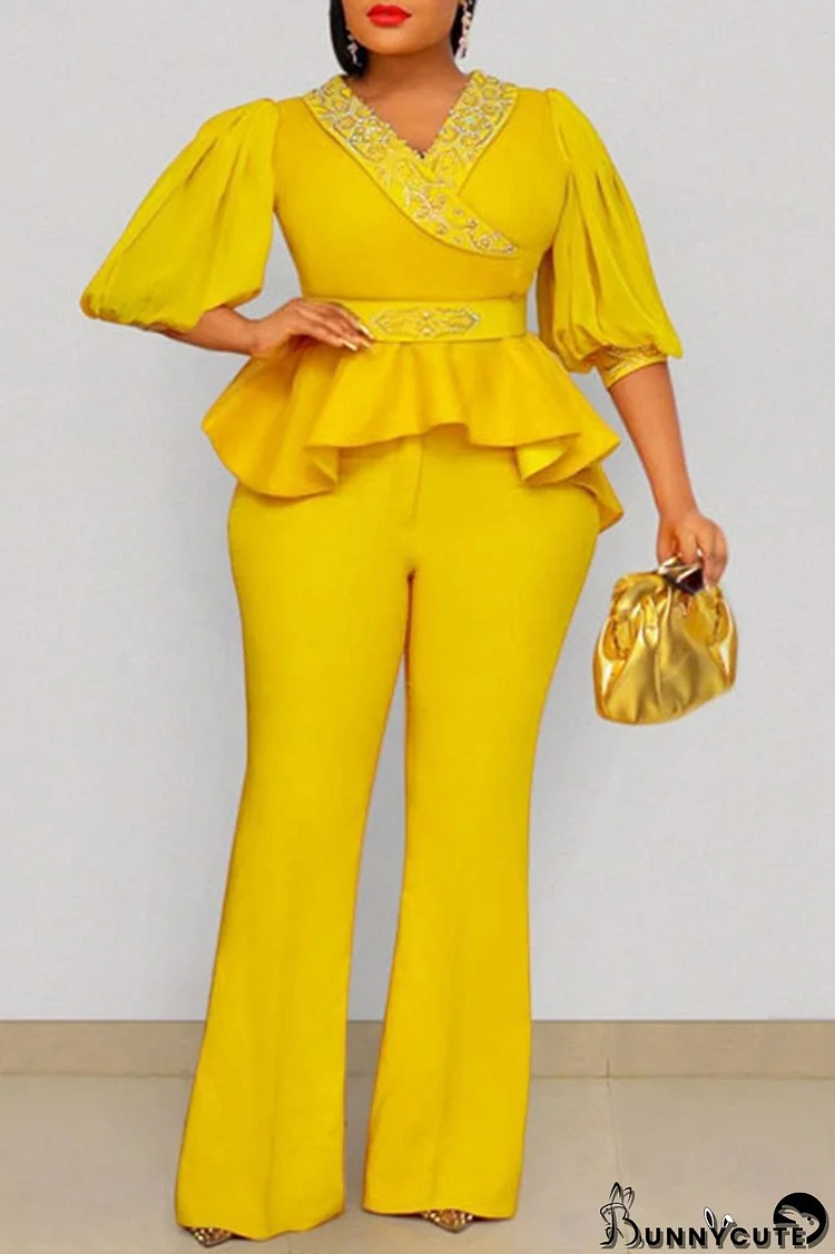 Yellow Fashion Casual Solid Hot Drilling Patchwork V Neck Half Sleeve Two Pieces
