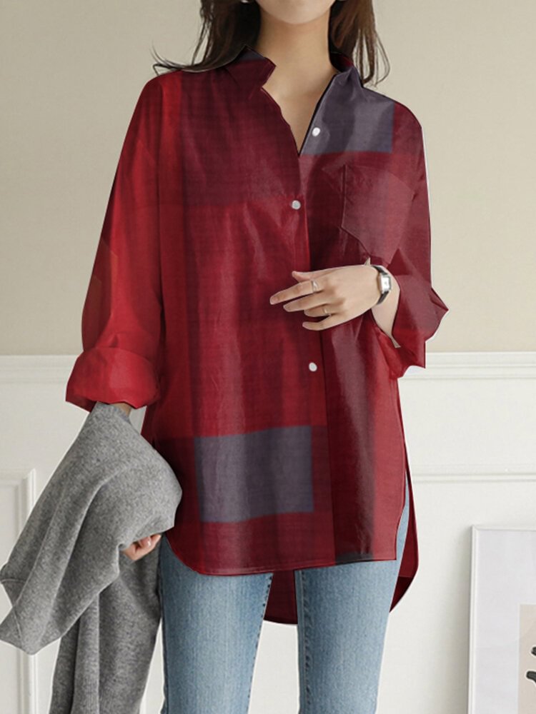 Plaid Print Long Sleeves Casual Loose Blouse With Pockets