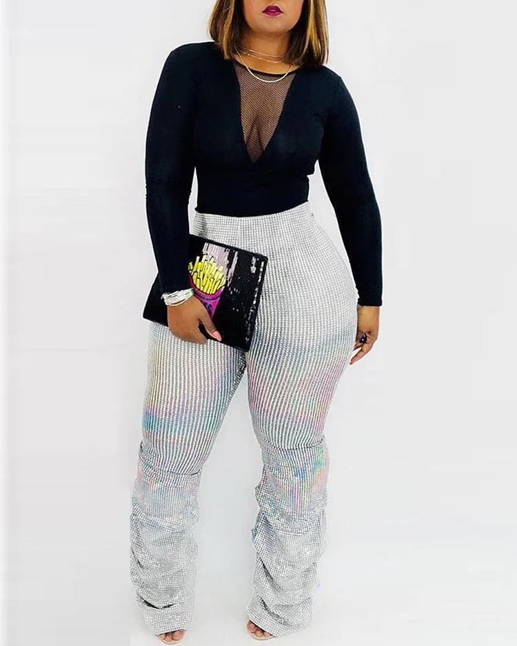 Glitter High Waist Bell-bottomed Ruched Pants P12130