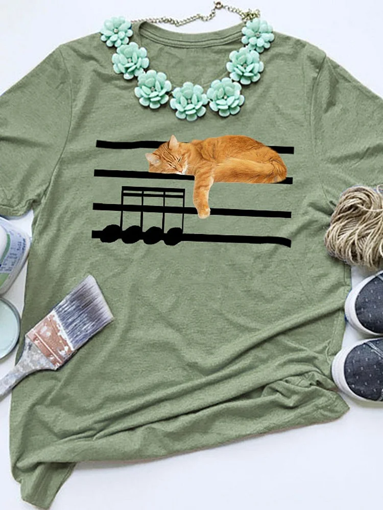 Bestdealfriday The Orange Cat Lying On The Musical Notes Graphic Tee