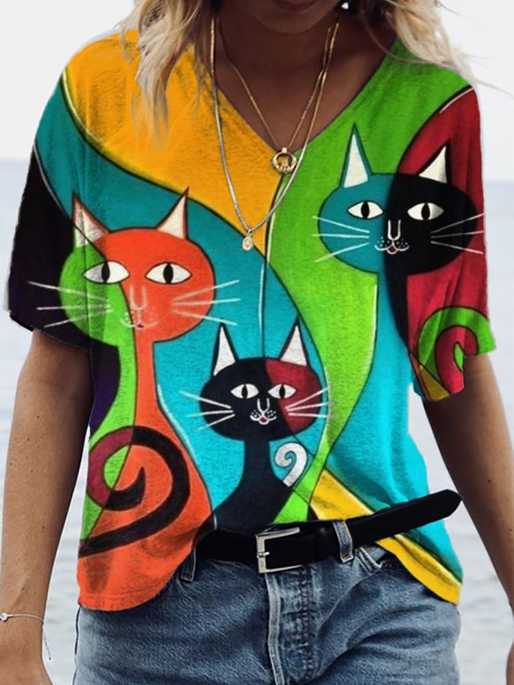 Comstylish Funny Cats Contrast Color Art T Shirt
