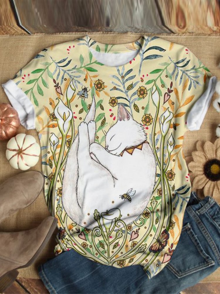 Bestdealfriday Cat Pattern Floral PrinT-Shirts Tops 8898140