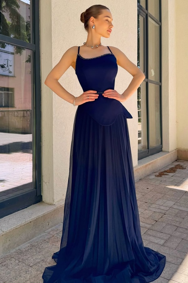 Lussooy Elegant Satin Spaghetti Strap Chiffon Sleeveless Pleated Long Prom Dress