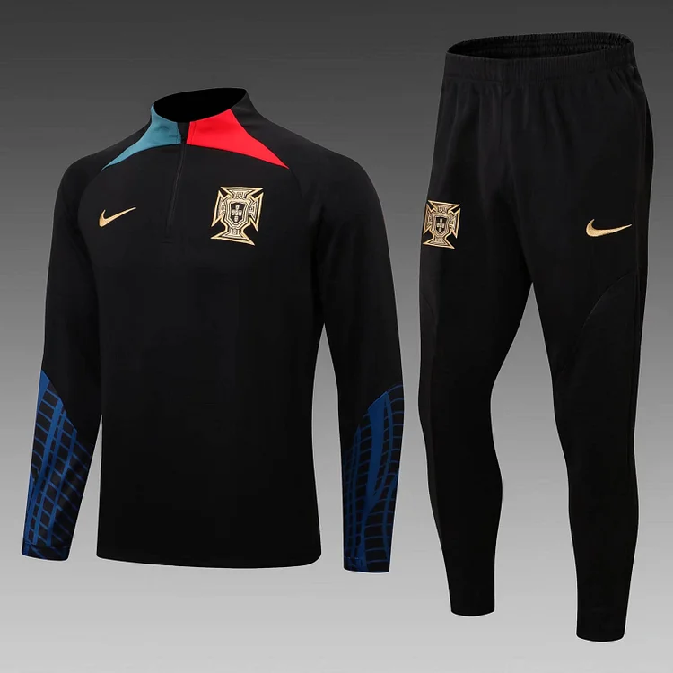 2022 Portugal Half-Pull Training Suit Black Football Shirt Set