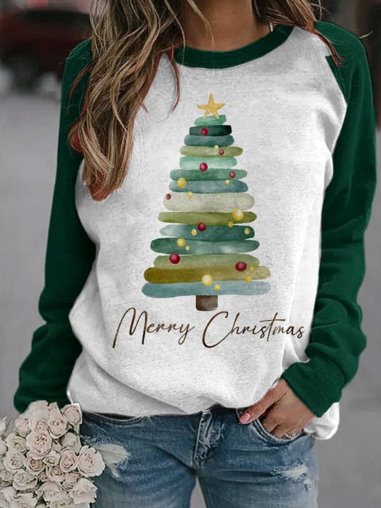Cute Merry Christmas Tree Print Sweatshirt
