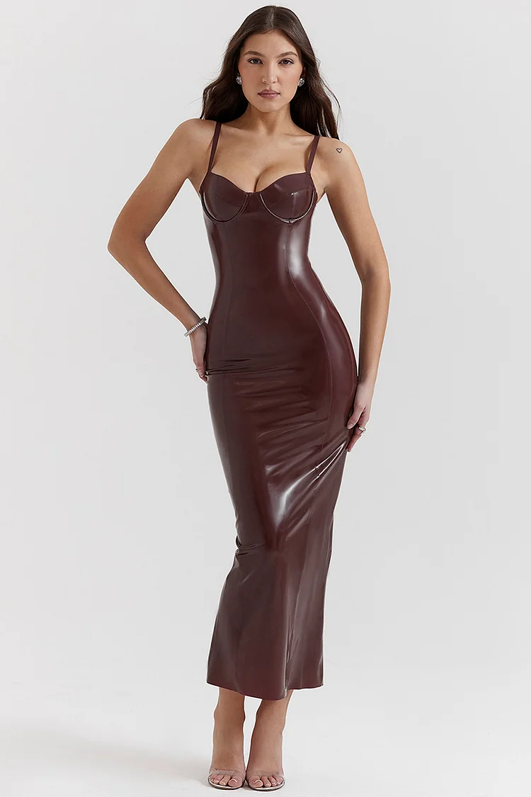 PU Leather Cami Bodycon Cocktail Party Midi Dresses-Brown