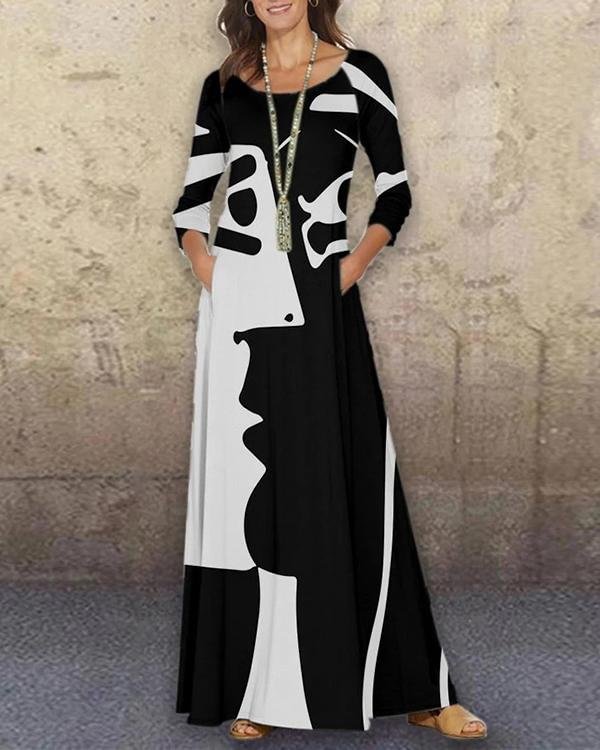 Casual Graffiti Print Tunic O-Neckline Shift Maxi Dress