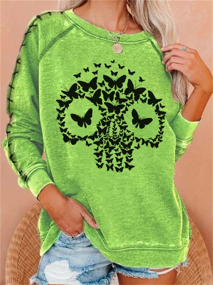Vefave Butterflies Skull Stitched Sleeve Graphic Sweatshirt