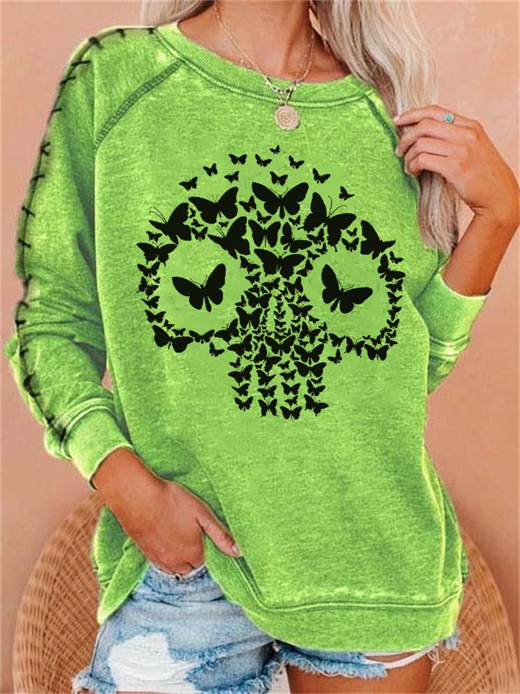 Butterflies Skull Stitched Sleeve Graphic Sweatshirt
