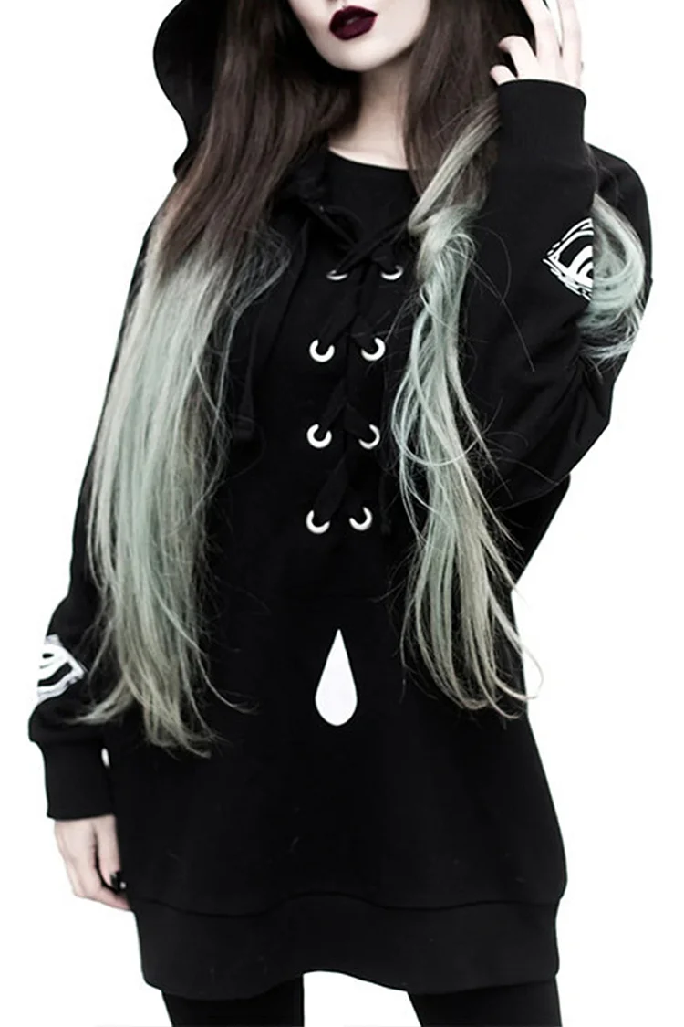 Gothic Black Casual Eye Print Long Sleeve Lace Up Hooded Sweatshirt