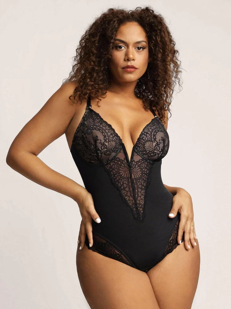 Deep-V Neck Lace Thong Bodysuit (Buy Two Get Third 50% Off!)