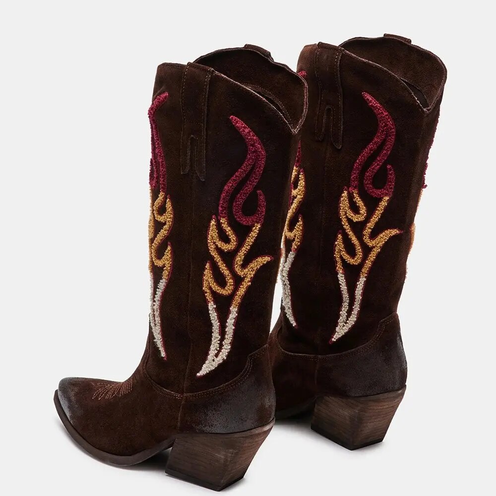 TAAFO Teal Vegan Suede Gradient Flame Embroidered Mid-calf Cowgirl Boots : 2.75 Inches / 70mm