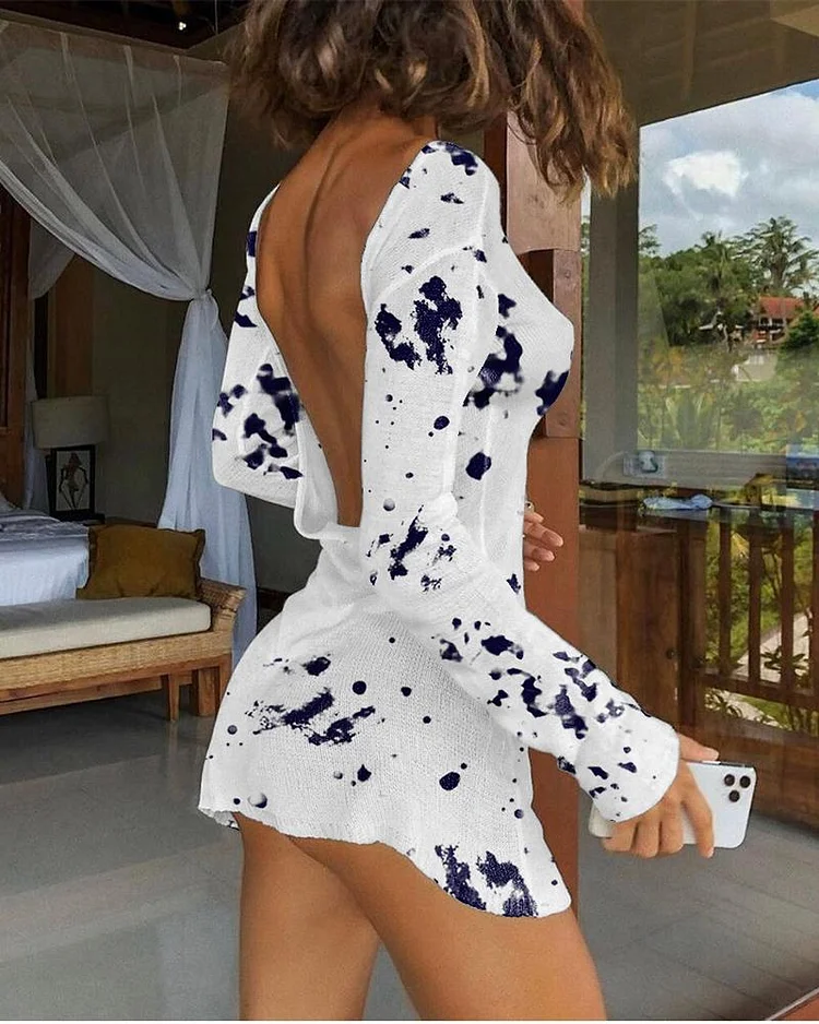 Tie Dye Print One Shoulder Long Sleeve Mini Dress P15933