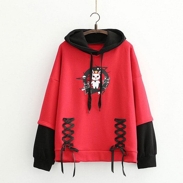 Warm Bunny Print Lace Up Hoodie SP15359
