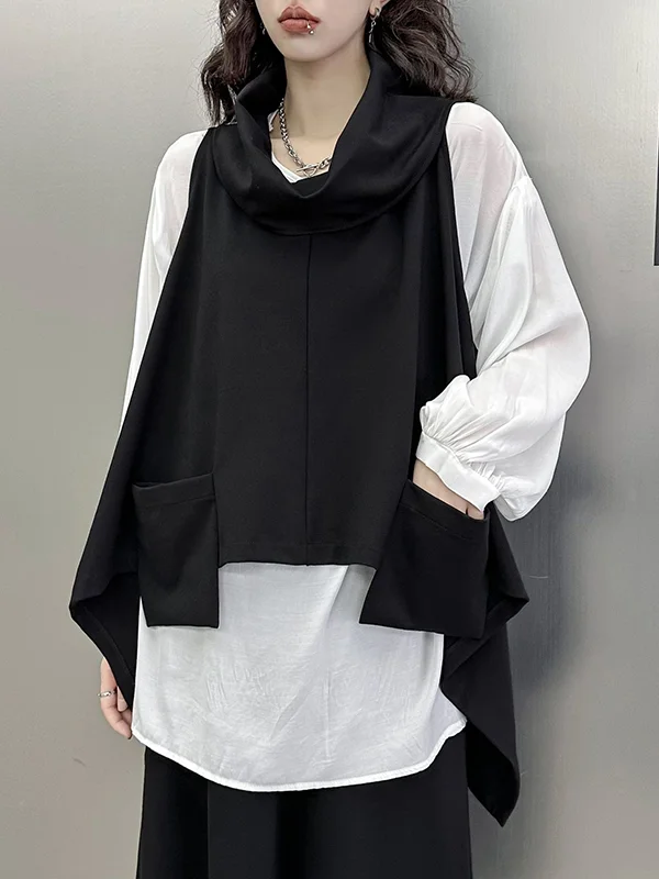 High-Low Irregular Clipping Hooded Solid Color Heaps Collar Vest Top