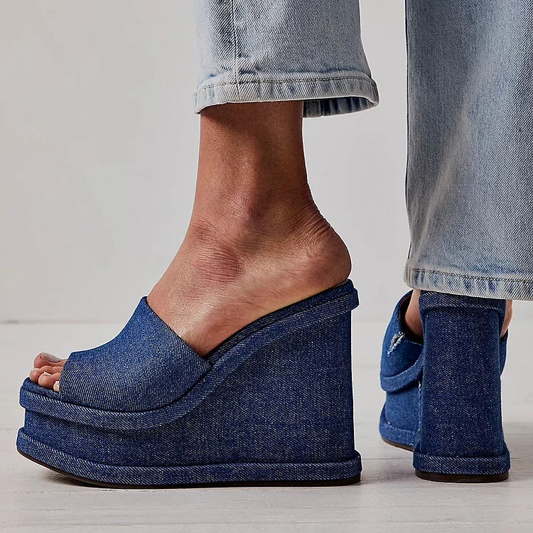 Blue Denim Platform Mules Women's Vintage Open-Toe Wedge Sandals |FSJ Shoes