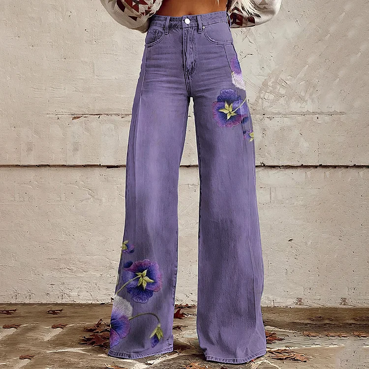 Comstylish Vintage Pansy Art Casual Wide Leg Jeans