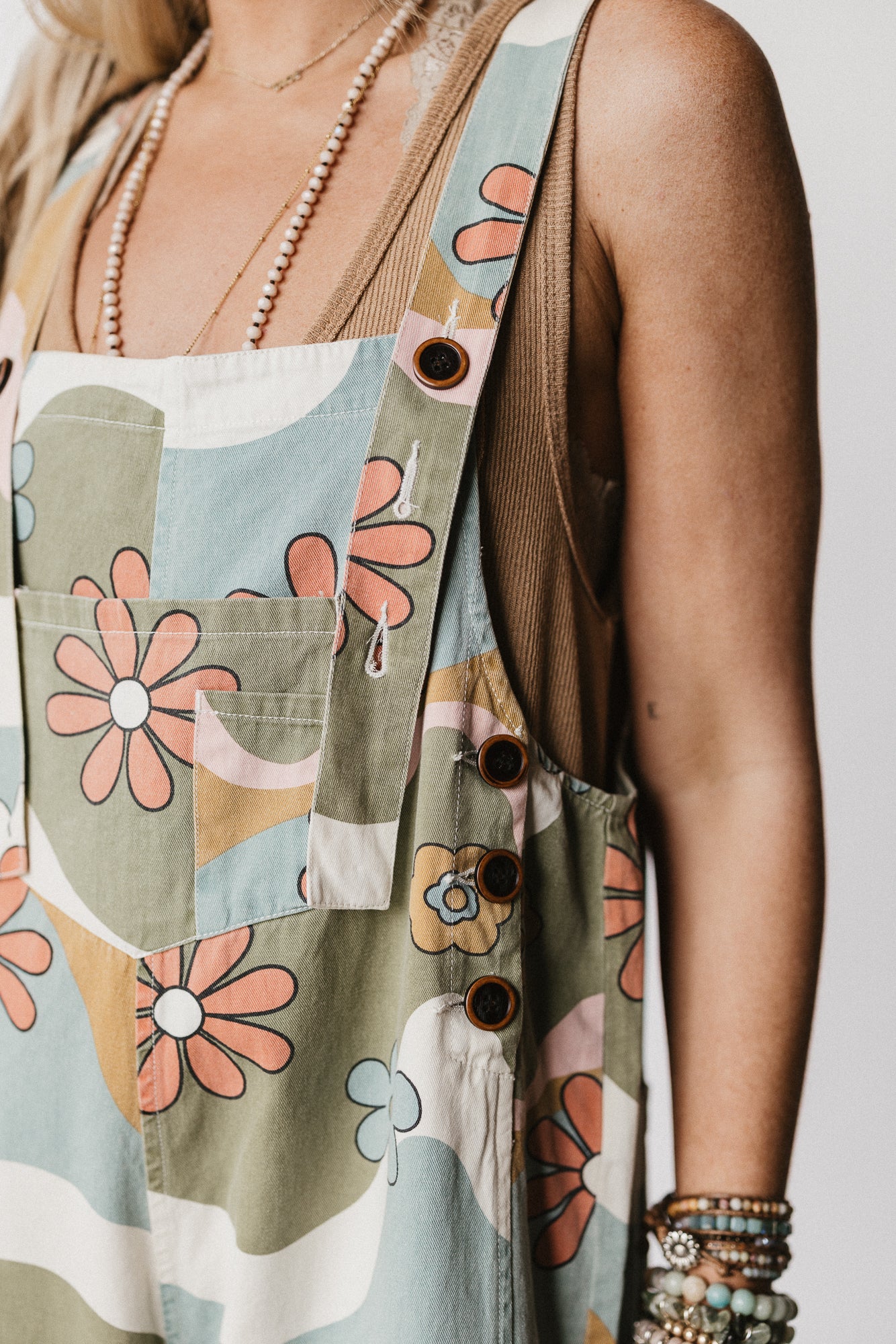 High Hopes Slouchy Denim Overalls - Olive Flower