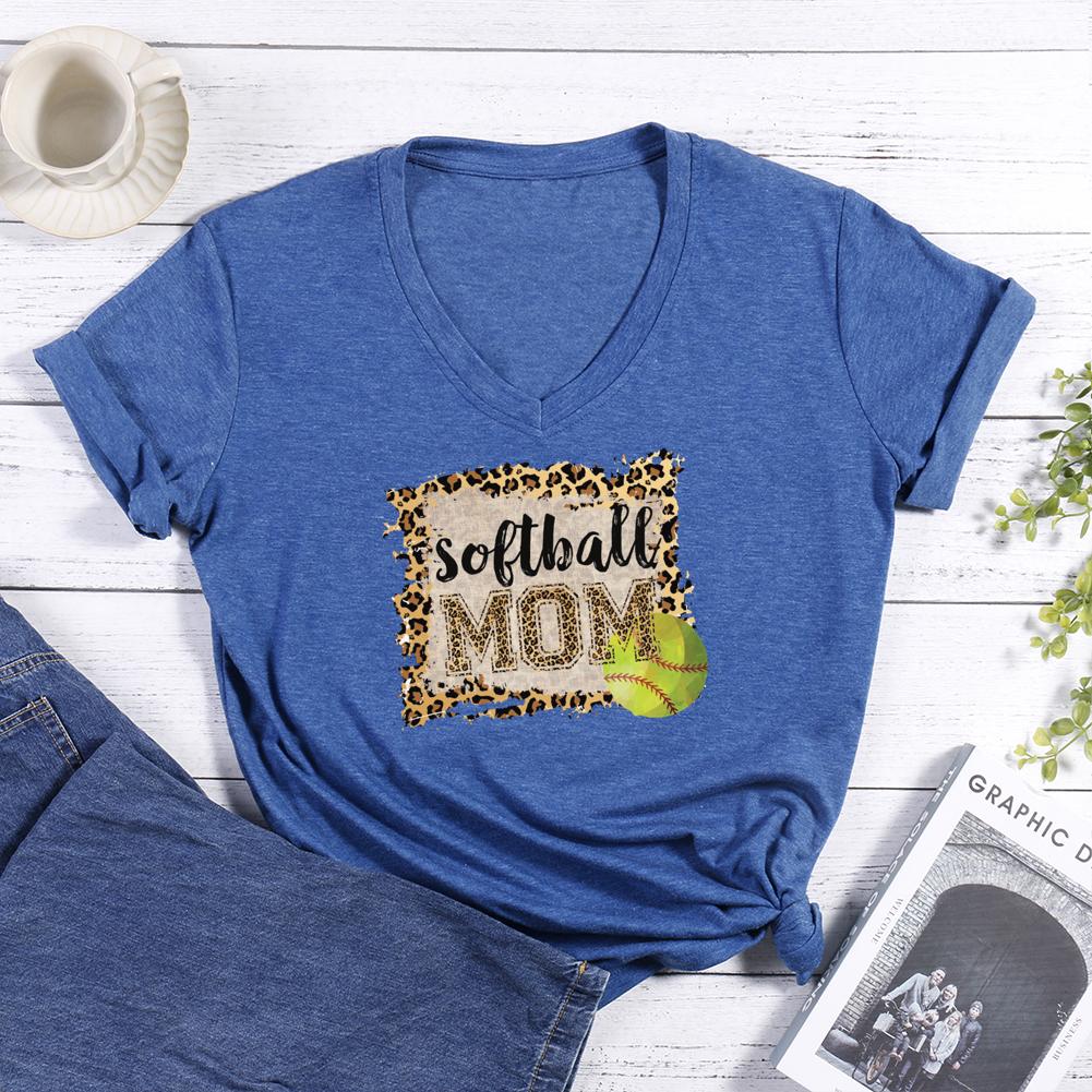 Softball Leopard mom V-neck T Shirt-Guru-buzz