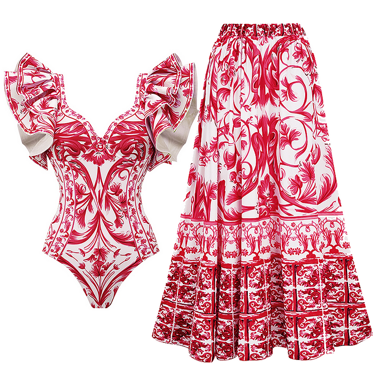 Baroco Style Printed One Piece Swimsuit and Skirt Flaxmaker
