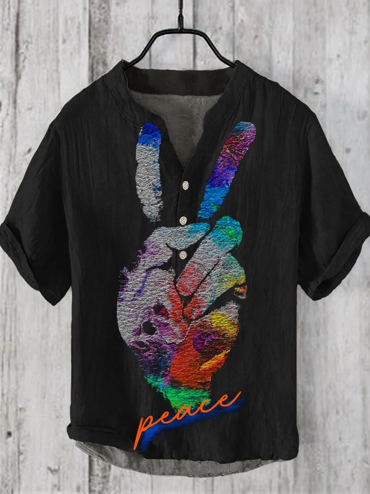Comstylish Reggae Peace Art Print Linen V-Neck Shirt