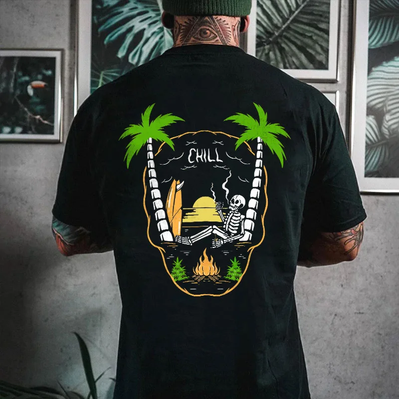 CHILL Skull is on Vacations Leisure Time Black Print T-Shirt