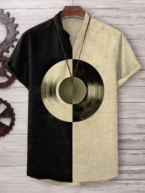 Men's Retro Jazz Records Color Block Art Print Linen Blend V Neck T-Shirt