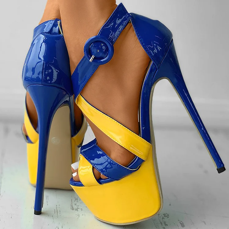 Yellow & Blue Patent Leather Prom High Heels Strappy Platform Sandals |FSJ Shoes