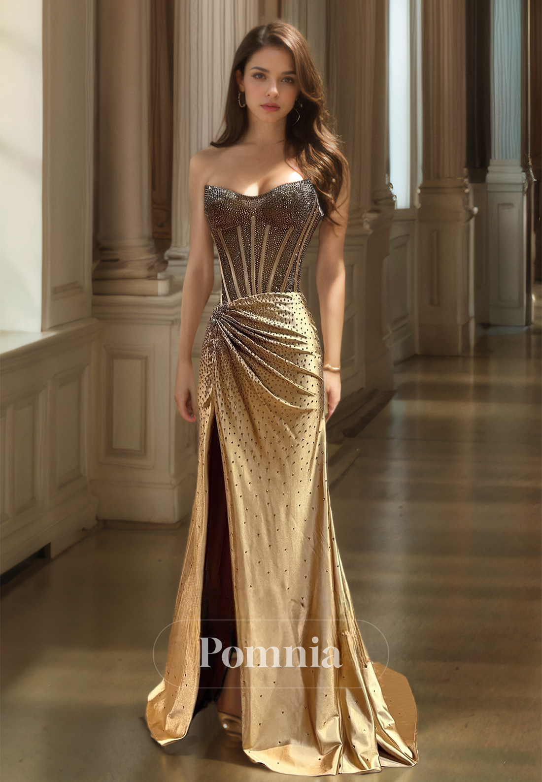 Champagne Strapless Sleeveless Prom Dress with Slit Ruched Evening Party  Dress