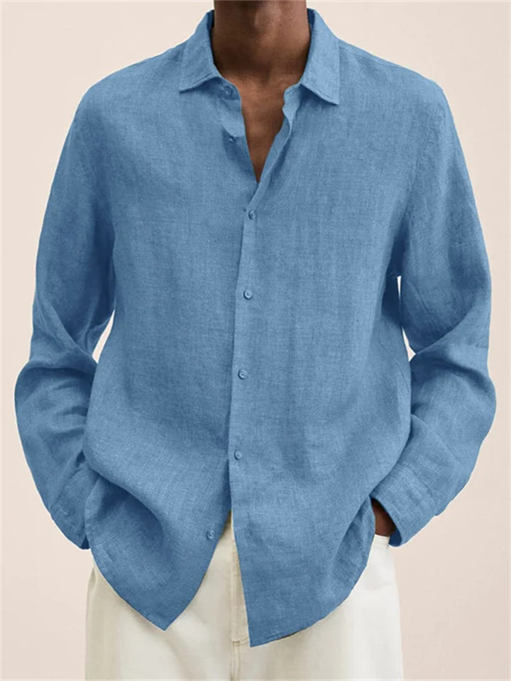 Men's Linen Shirt Button Up Shirt Casual Shirt Beach Shirt Black Khaki Dark Blue Long Sleeve Plain Turndown Spring & Summer Hawaiian Holiday Clothing Apparel-JRSEE