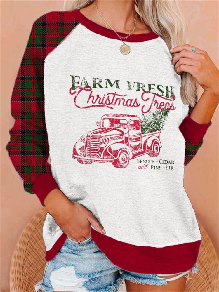 Vefave Farm Fresh Christmas Tree Plaid Patchwork Sweatshirt