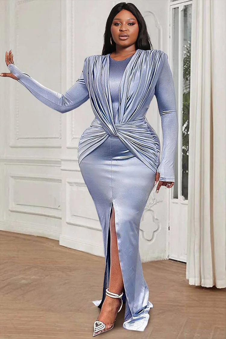 Plus Size Formal Dress Blue Split Ruched Long Sleeve Maxi Dress