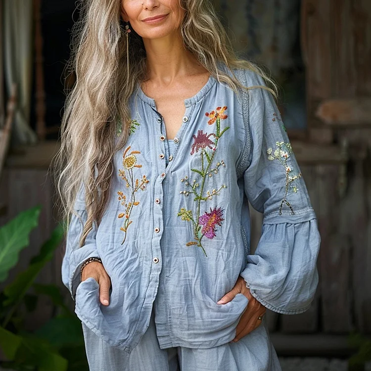 Women's Linen Ethnic Floral Casual V-necka Simple Loose Shirt