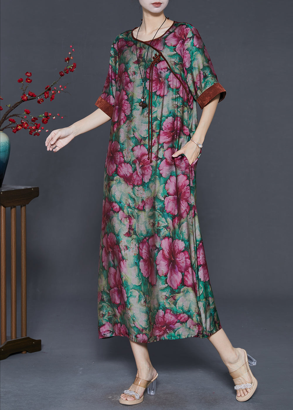 Flower Lining Linen Pattern Strapless Dress