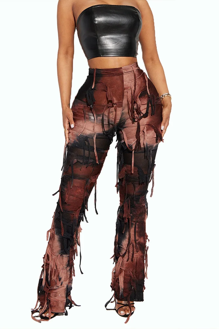 Gothic Coffee Casual Tie Dye High Waist Straps Straight Leg Pants