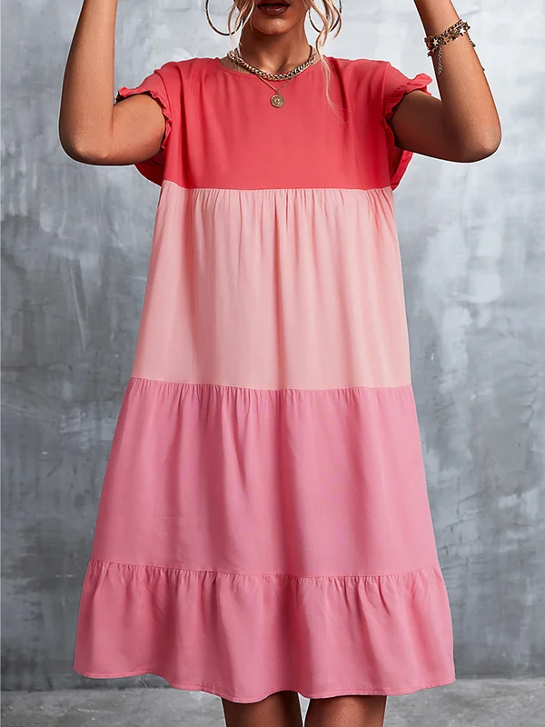 Loose Ruffle Sleeves Contrast Color Falbala Pleated Split-Joint Round-Neck Mini Dresses