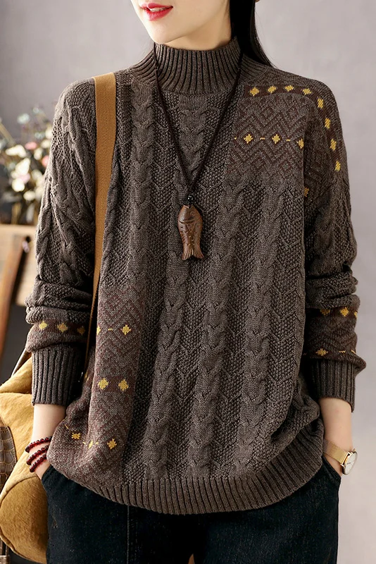 Plus Size-Retro Casual Contrast Sweater Loose Turtleneck Sweater
