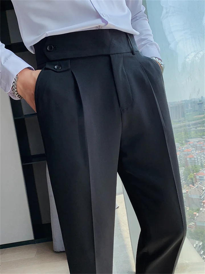 Men's Dress Pants Trousers Pleated Pants Suit Pants Pocket High Rise Plain Comfort Office Work Business Vintage Elegant Black White High Waist Micro-elastic-JRSEE