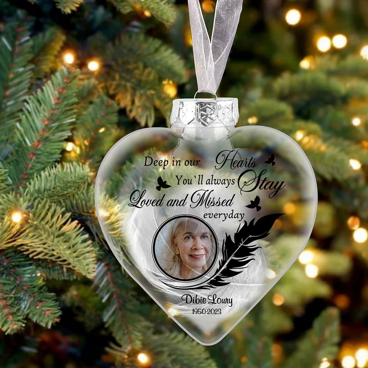 Heart-shaped Memorial Christmas Ornaments Custom Name & Date & Photo Feather Ornament Commemorate Deceased Loved Ones