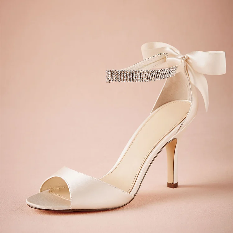 Ivory Satin Bridal Heels Peep Toe Rhinestone Ankle Strap Bow Sandals |FSJ Shoes
