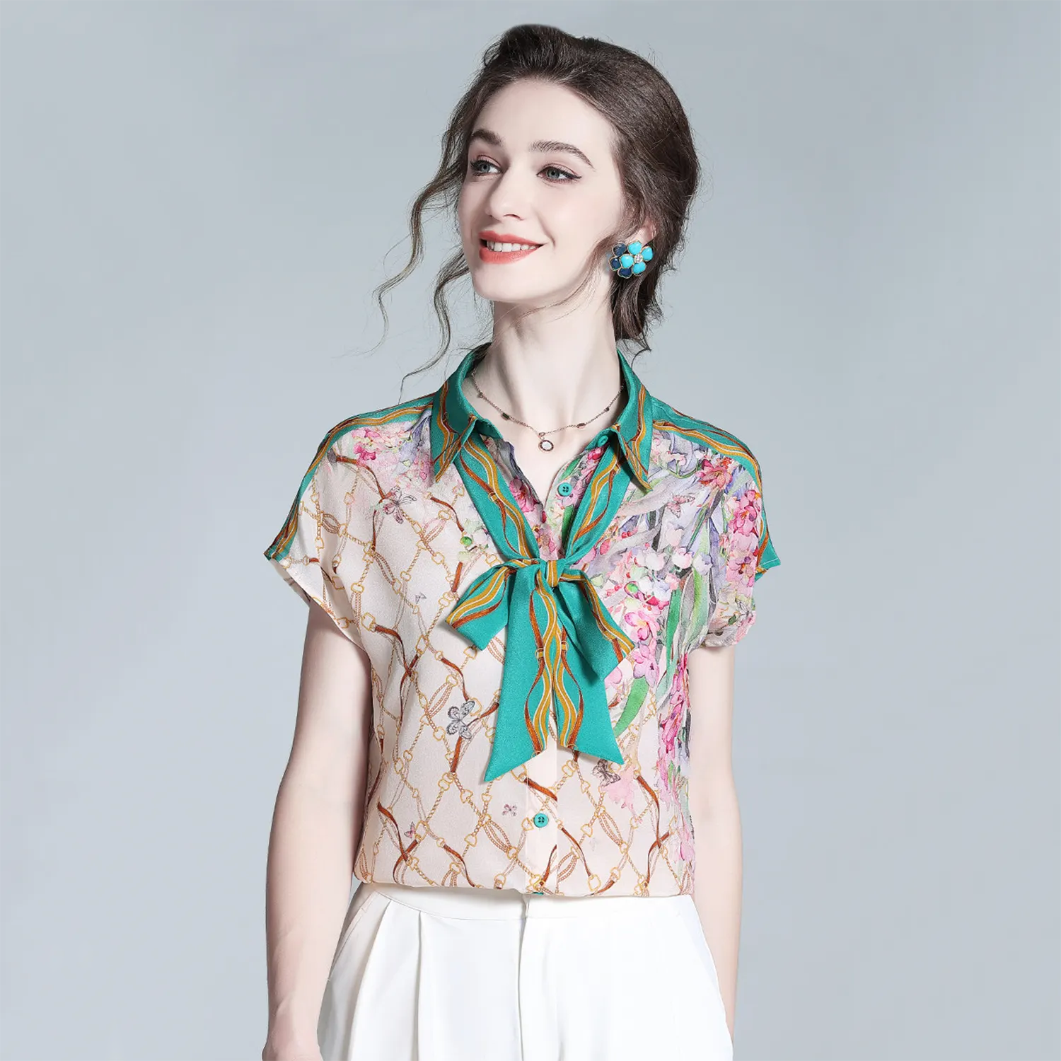 Silk Blouse Floral Chain Print for Elegant Office REAL SILK LIFE