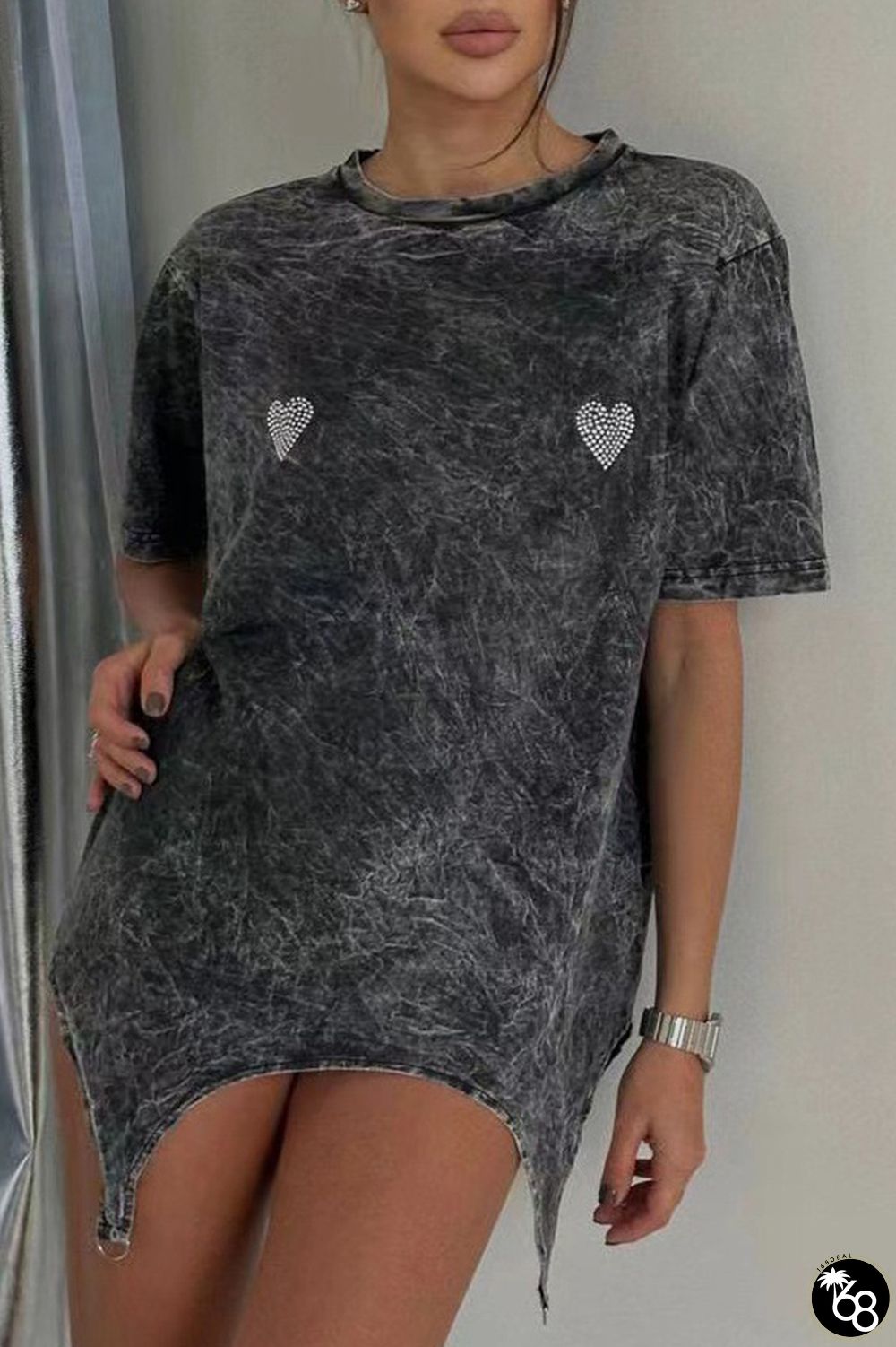 Casual Letter Heart Shaped Make Old Asymmetrical Hot Drill O Neck T-Shirts | 168DEAL