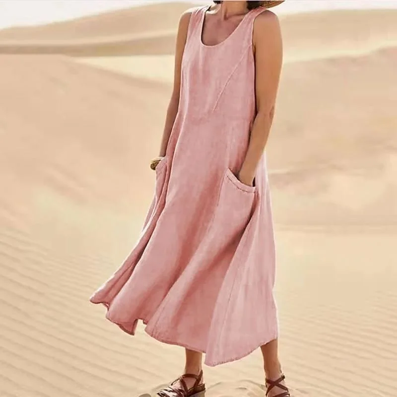 Hot Sale🔥Women's Sleeveless Cotton And Linen Dress With Pockets