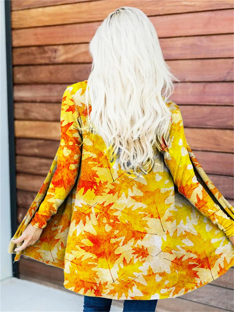 Vefave Fall Oak Leaf Pattern Cardigan