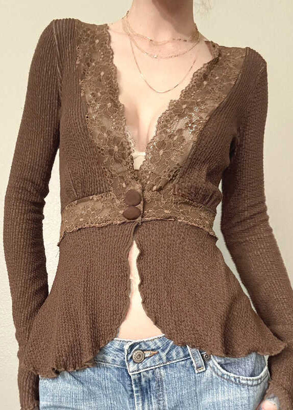 Lace Trim Graceful Buttoned Knit Top
