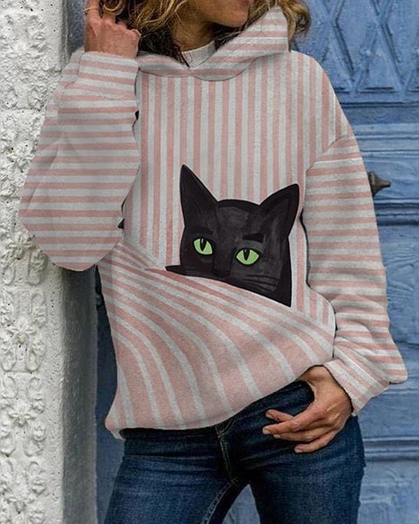 Women's Cat Print Long Sleeve Pink Striped Hoodies