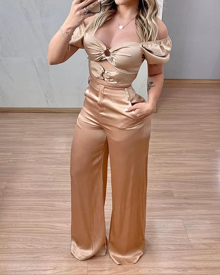 Casual Solid Color Hollow Top & Pants Two-Piece Set