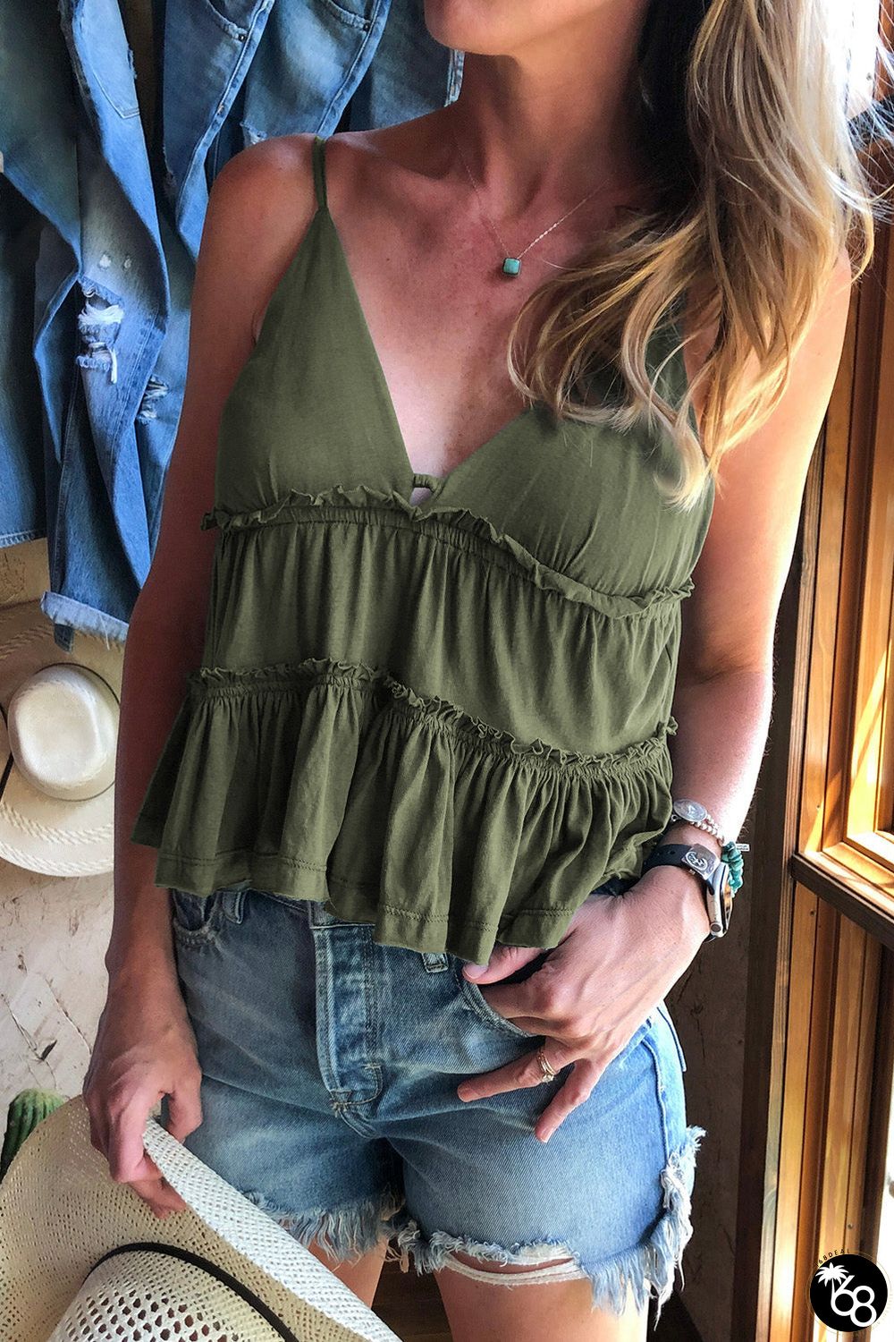 Tiered Ruffled Spaghetti Strap V Neck Tank Top | 168DEAL