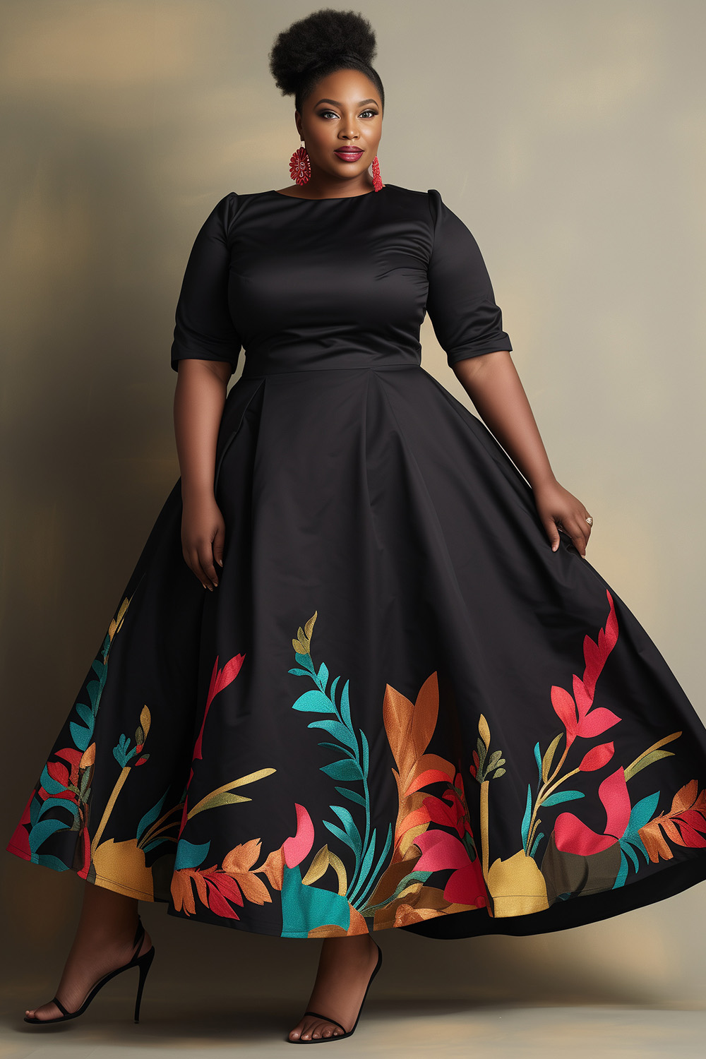 Produit : Xpluswear Design Plus Size Semi Formal Black Floral Round Neck Half Sleeve Pocket Maxi Dresses